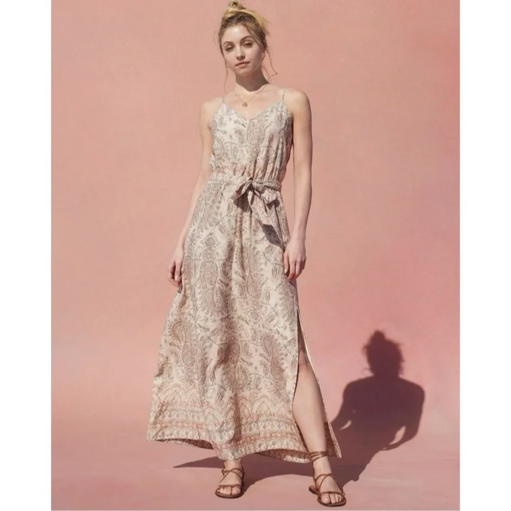 Splendid Alessandra Paisley Linen Blend Maxi Dress Leg Slit Size Large‎ Bohemian
